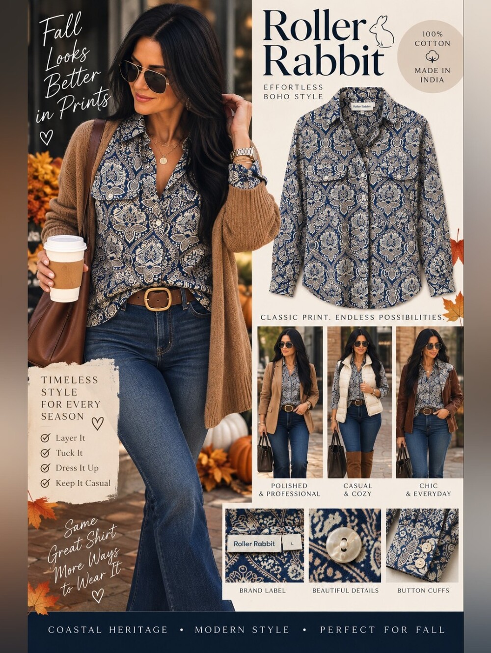 Roller Rabbit L Navy Floral Block Print Cotton Button Down Boho Shirt